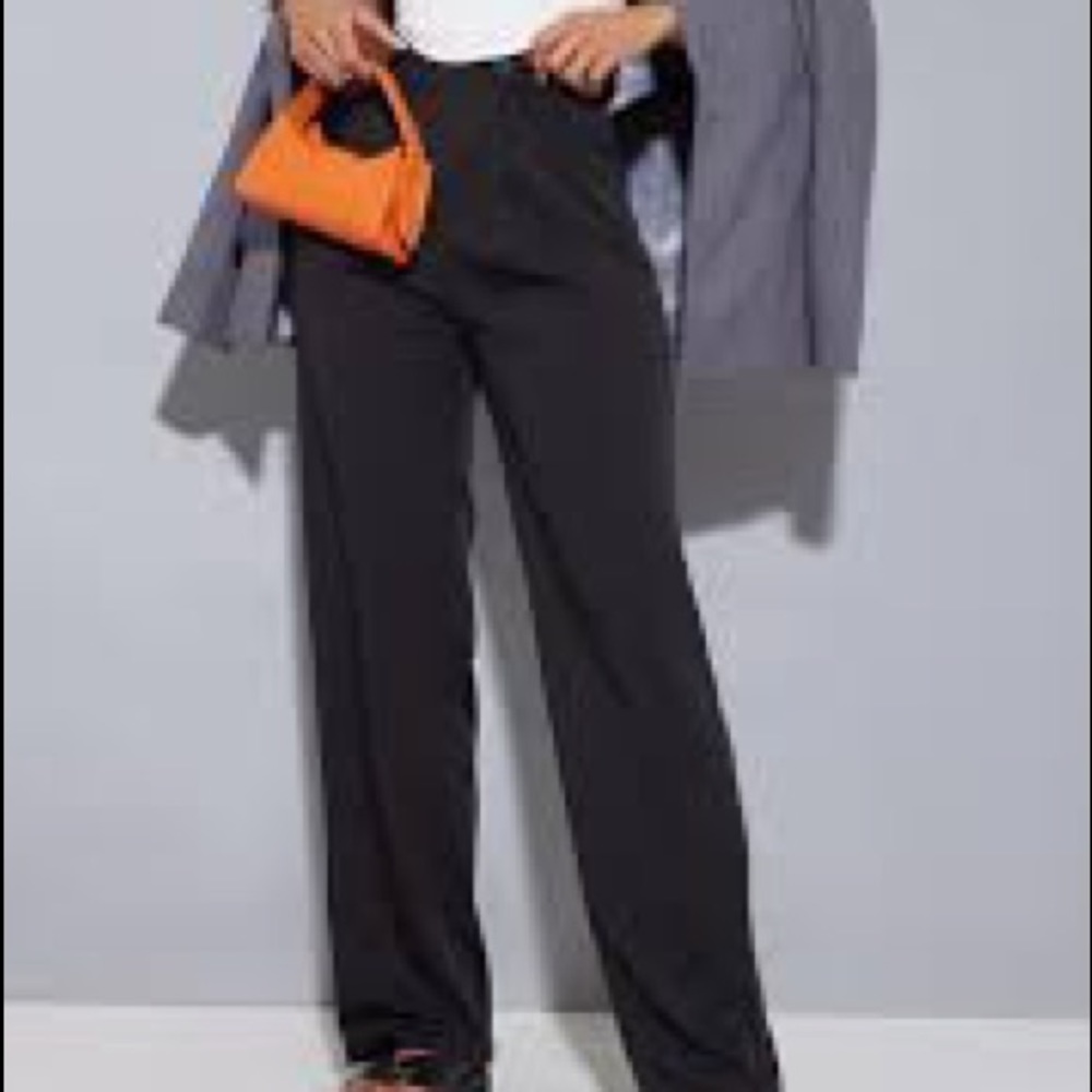 BLACK WOVEN ASYMMETRIC WAISTBAND STRAIGHT LEG PANTS